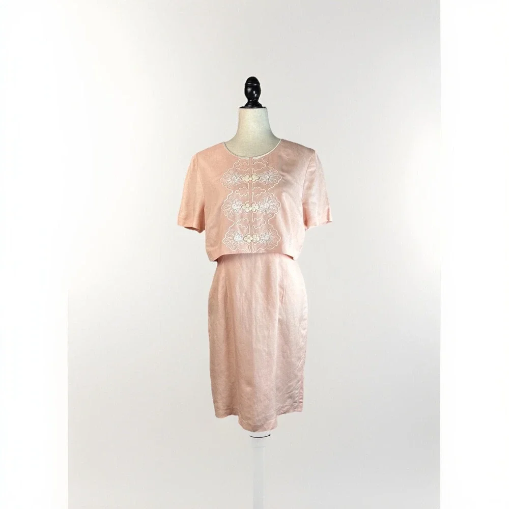 Vintage‎ Plaza South Petites Dress Set Size 10 Peach Linen Rayon Soutache 90s